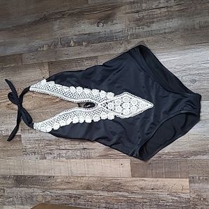 Kona Sol one piece bathing suit, size small, black with ivory lace
